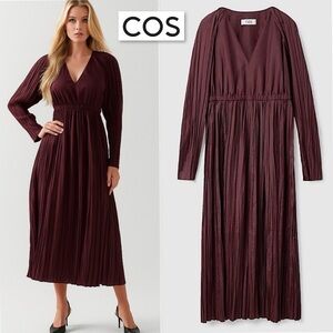 COS Long Sleeve Pleated Maxi Dress 10 Burgundy Long Sleeve V Neck Maxi Midi Boho